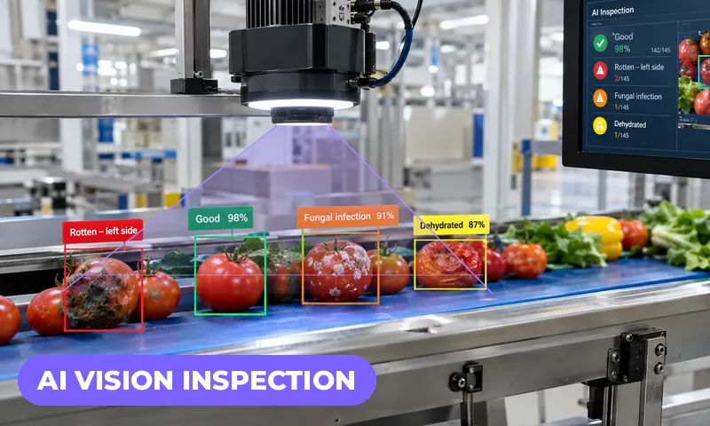 AI vision inspection detecting defects on a produce conveyor