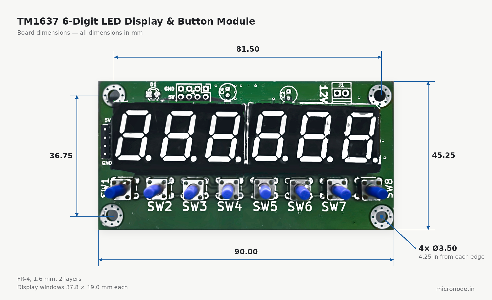 TM1637 6-digit LED display module dimensions drawing