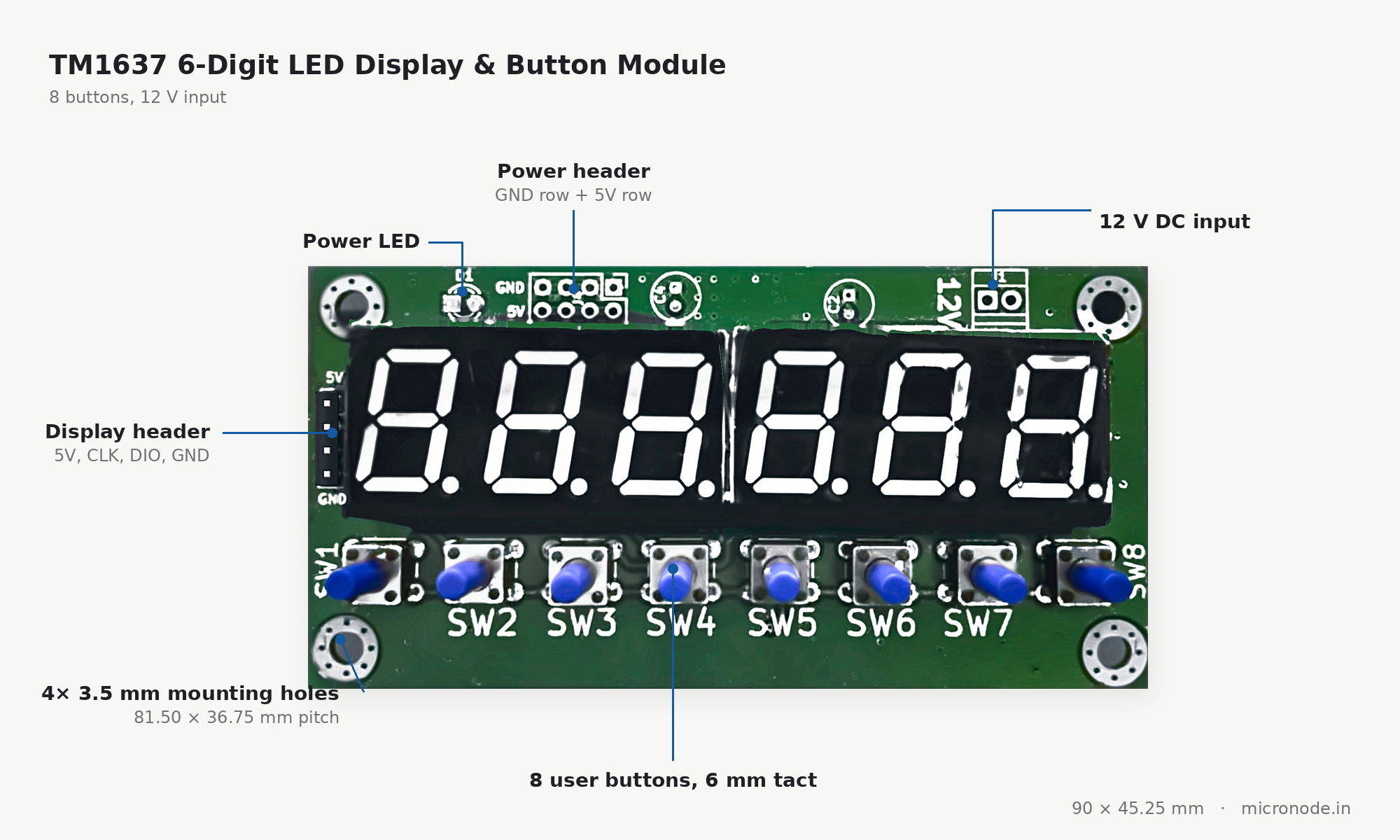 TM1637 display module pinout (CLK, DIO, 5V, GND)