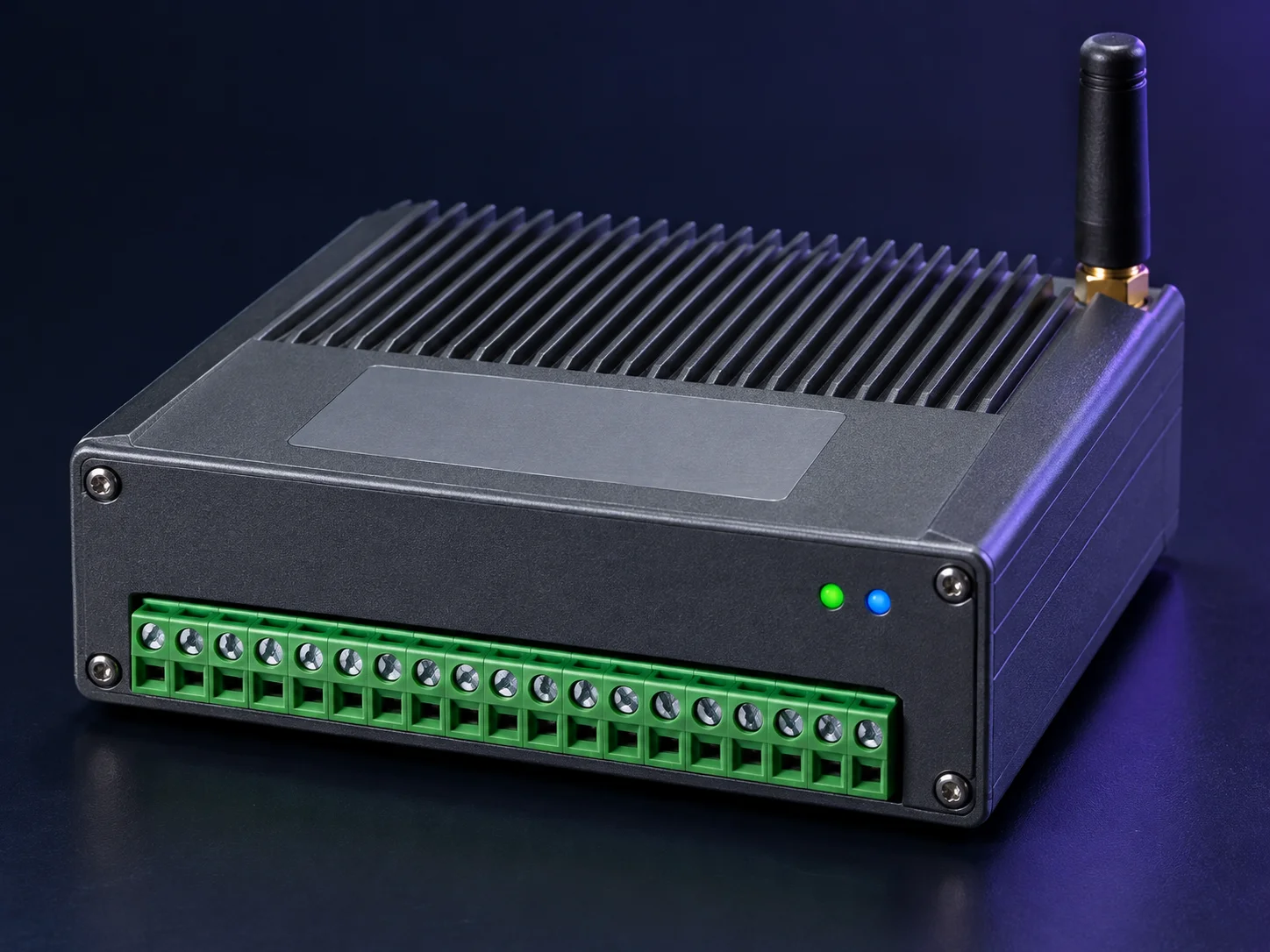 Custom industrial gateway enclosure with antenna and terminal block, an example of a custom white-label variant