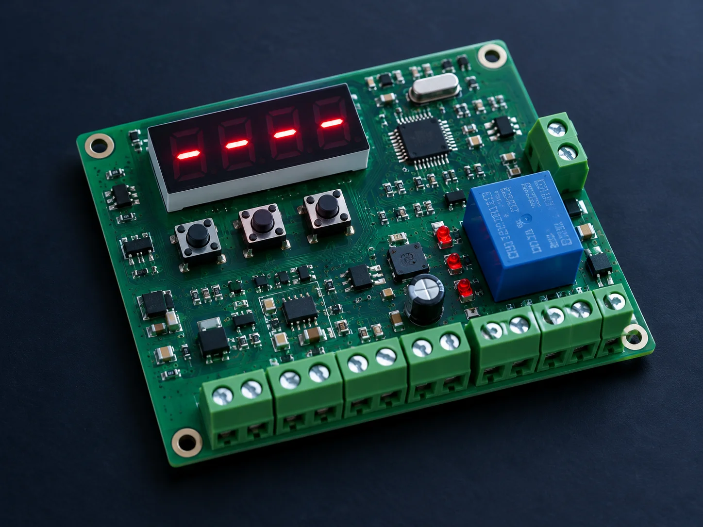 Programmable timer control board with digital display, set buttons and relay output