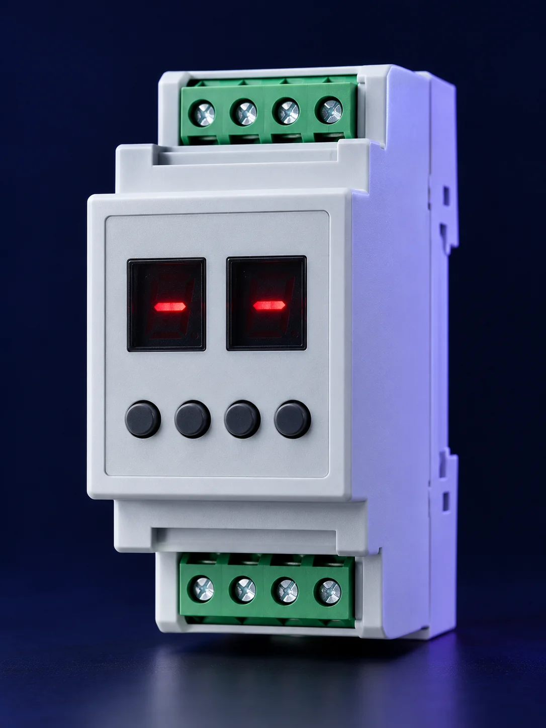 DIN-rail voltage and current protector module with digital display and set buttons